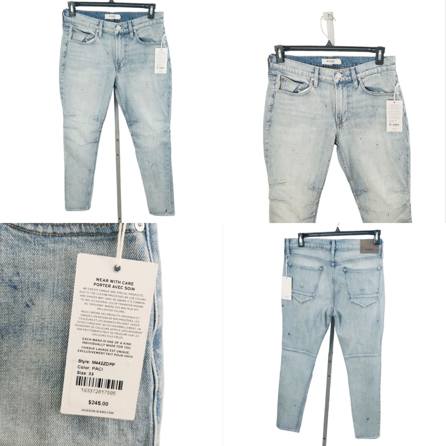 image of Hudson Mens Zack Skinny Blue Light-Wash Paint Splatter Size 33