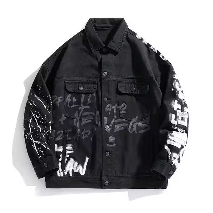 image of Vintage Men Letters Printed Denim Jacket Loose Painted in Black (Size Large)