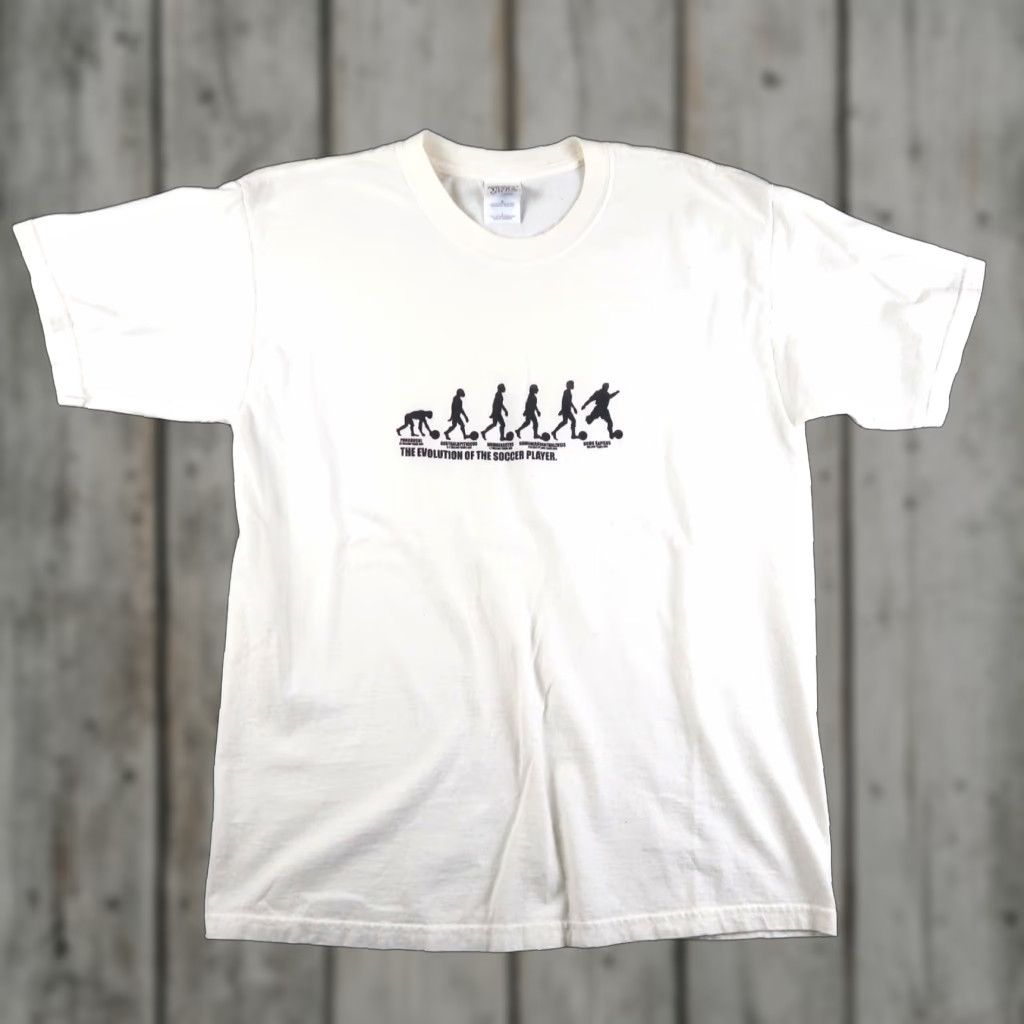 Vintage VINTAGE Evolution Of Soccer Player Futbol Short Sleeve T Shirt L White Cotton Men's 2000s Graphic Print Shirt Mens Size US L / EU 52-54 / 3 - 1 Thumbnail
