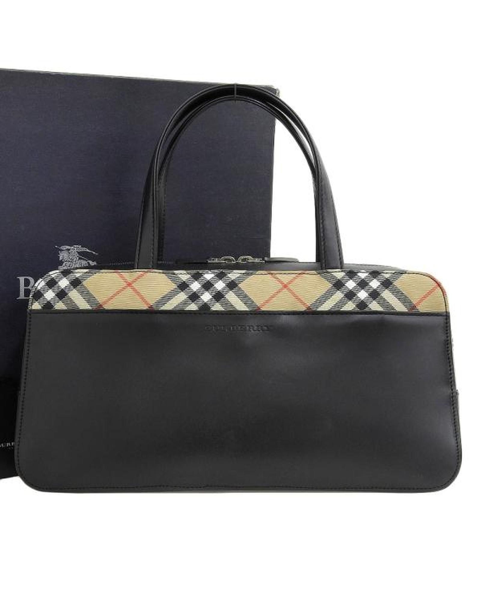 image of Burberry Leather Check Handbag In Black, Women's