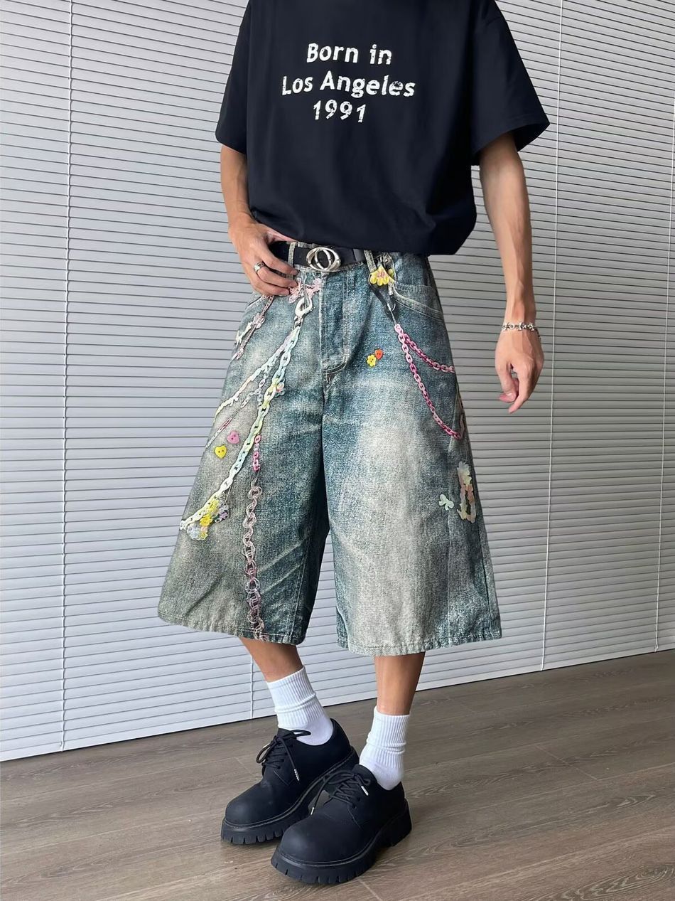 Japanese Brand Retro hip-hop chain printed denim shorts Size US 32 / EU 48 - 3 Thumbnail