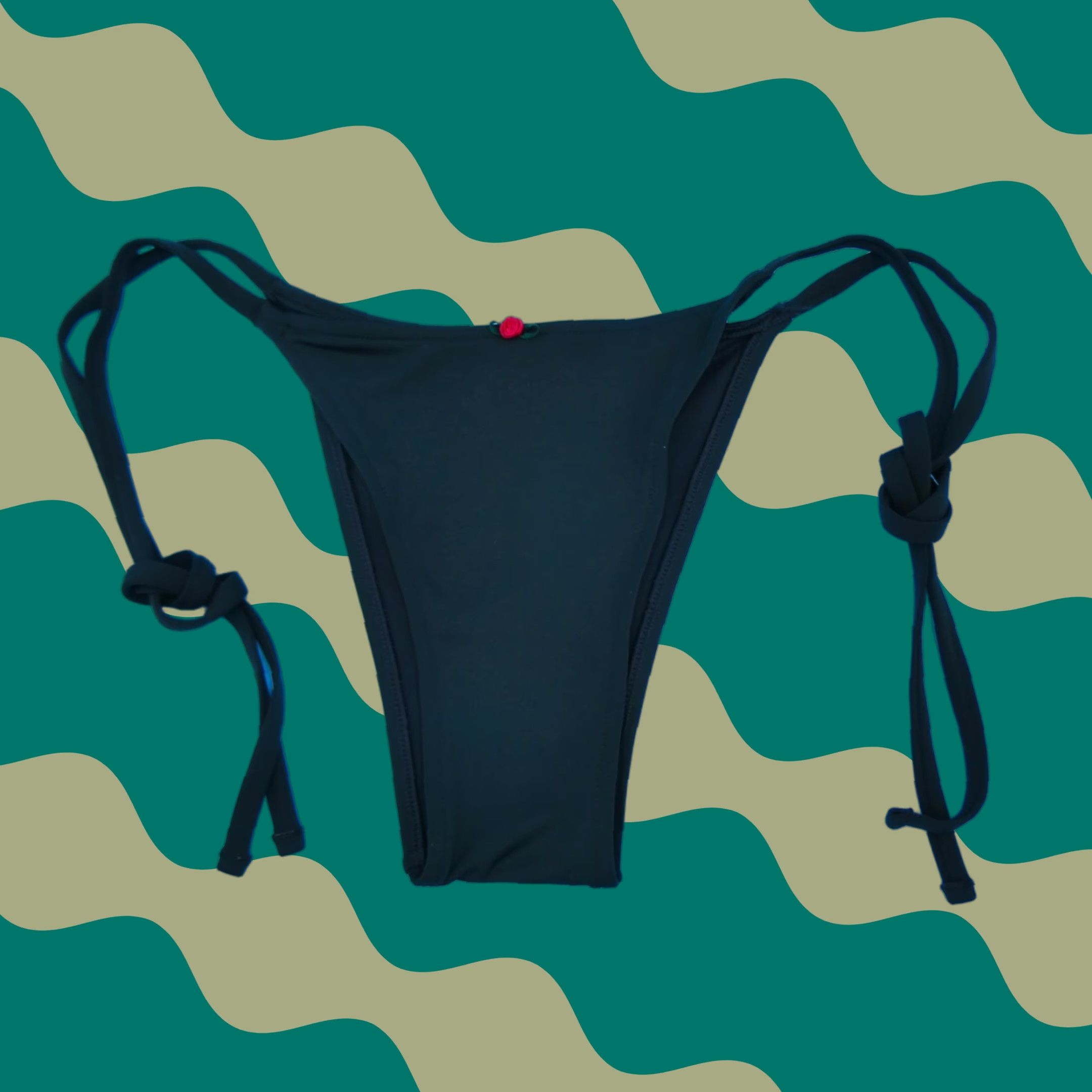 Victorias Secret PINK Bikini Bottom Thong Side Tie Black Rose Bow Womens Medium