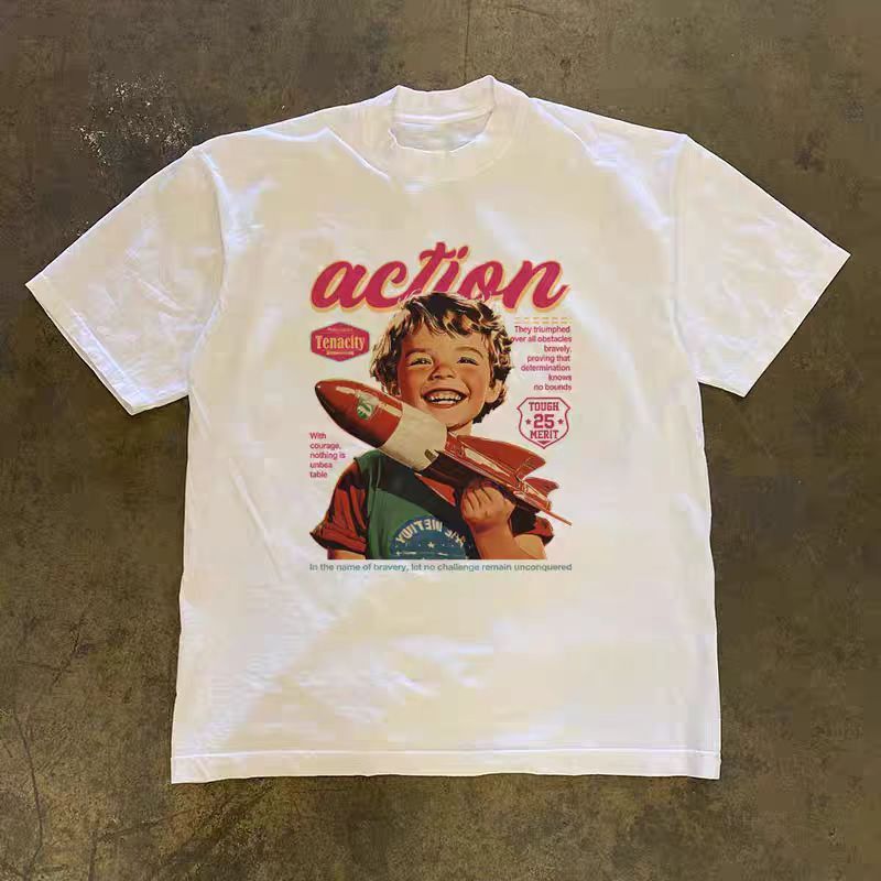 Vintage White retro rocket boy print cotton t-shirt Size US M / EU 48-50 / 2 - 1 Thumbnail