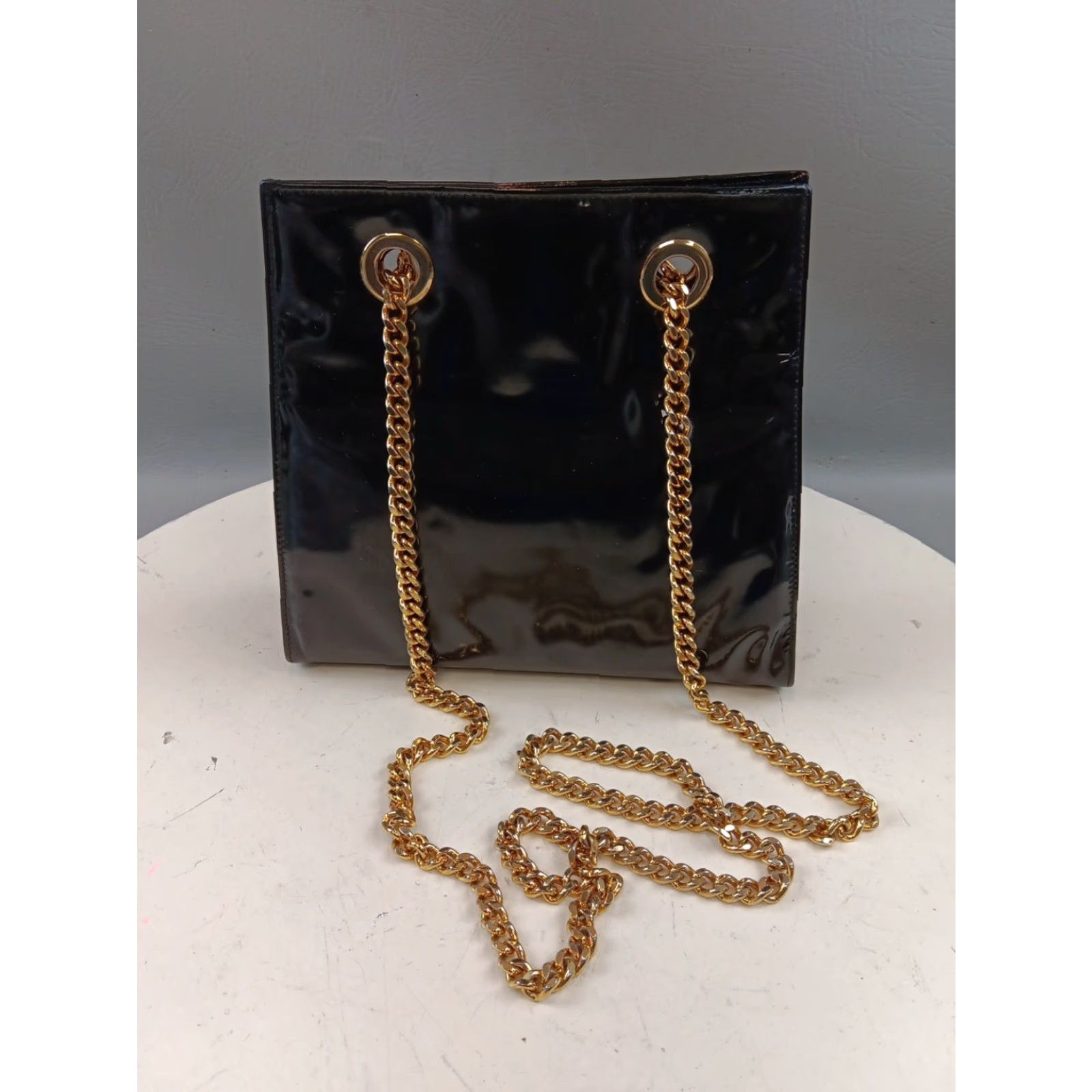 Neiman Marcus VINTAGE Neiman Marcus Purse Crossbody Bag Black Patent Leather Chain Strap EUC Size ONE SIZE - 5 Thumbnail