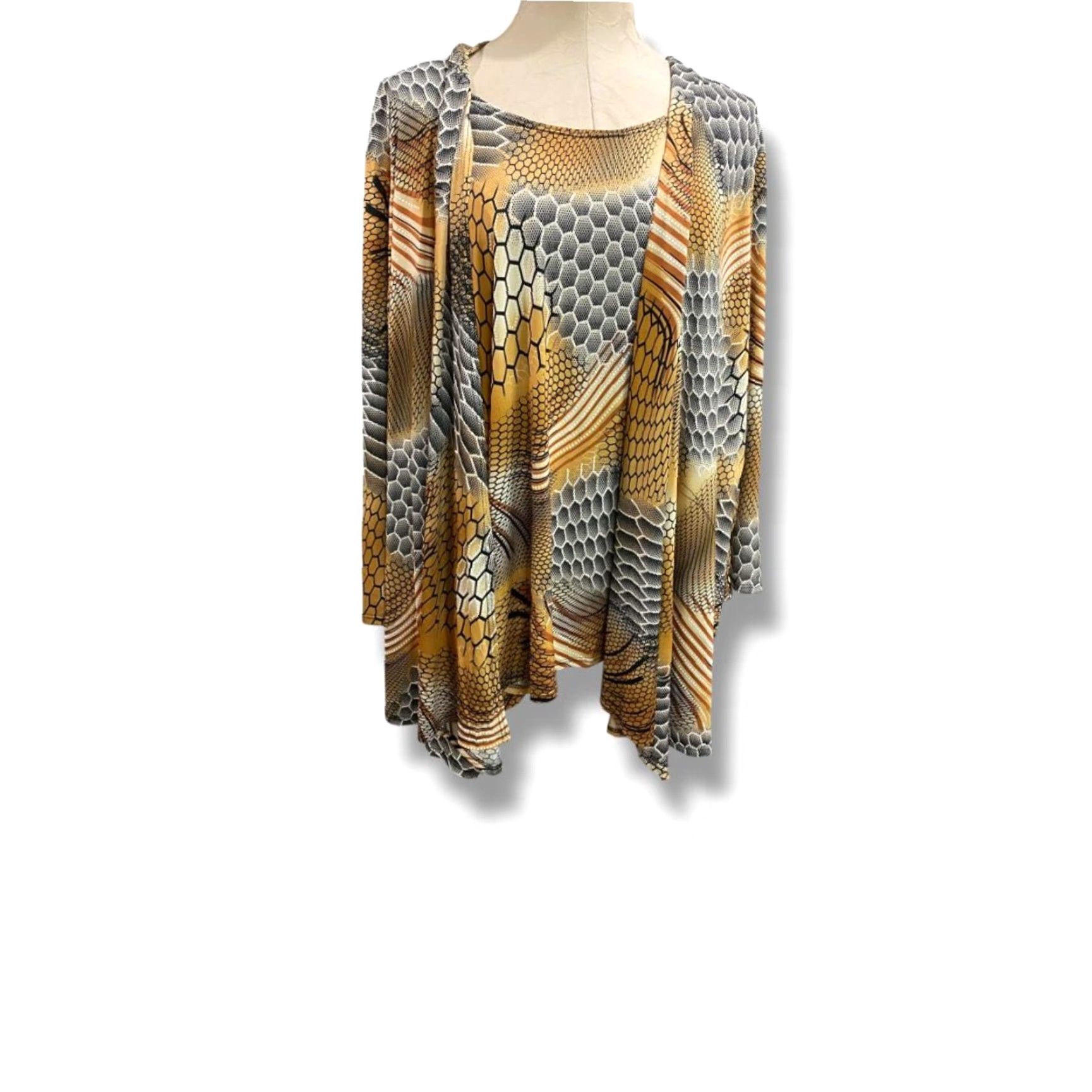 Vintage LBisse Womens Shirt Pullover Cardigan 3X Plus Gold Abstract Reptile Print 95% polyester 5% spandex Womens Mens Girls Size XXL / US 16-18 / IT 52-54 - 2 Thumbnail
