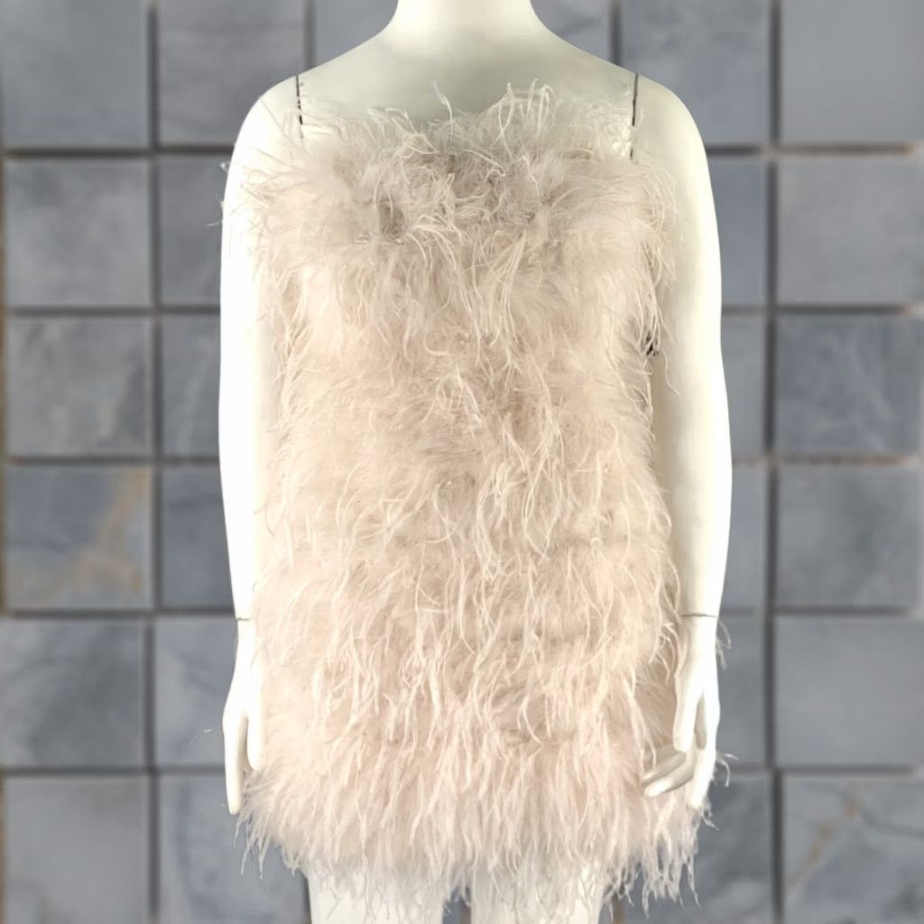 LAMARQUE LAMARQUE Dress L Tan Champagne Feathers Cocktail Dress Women Size L / US 10 / IT 46 - 1 Thumbnail