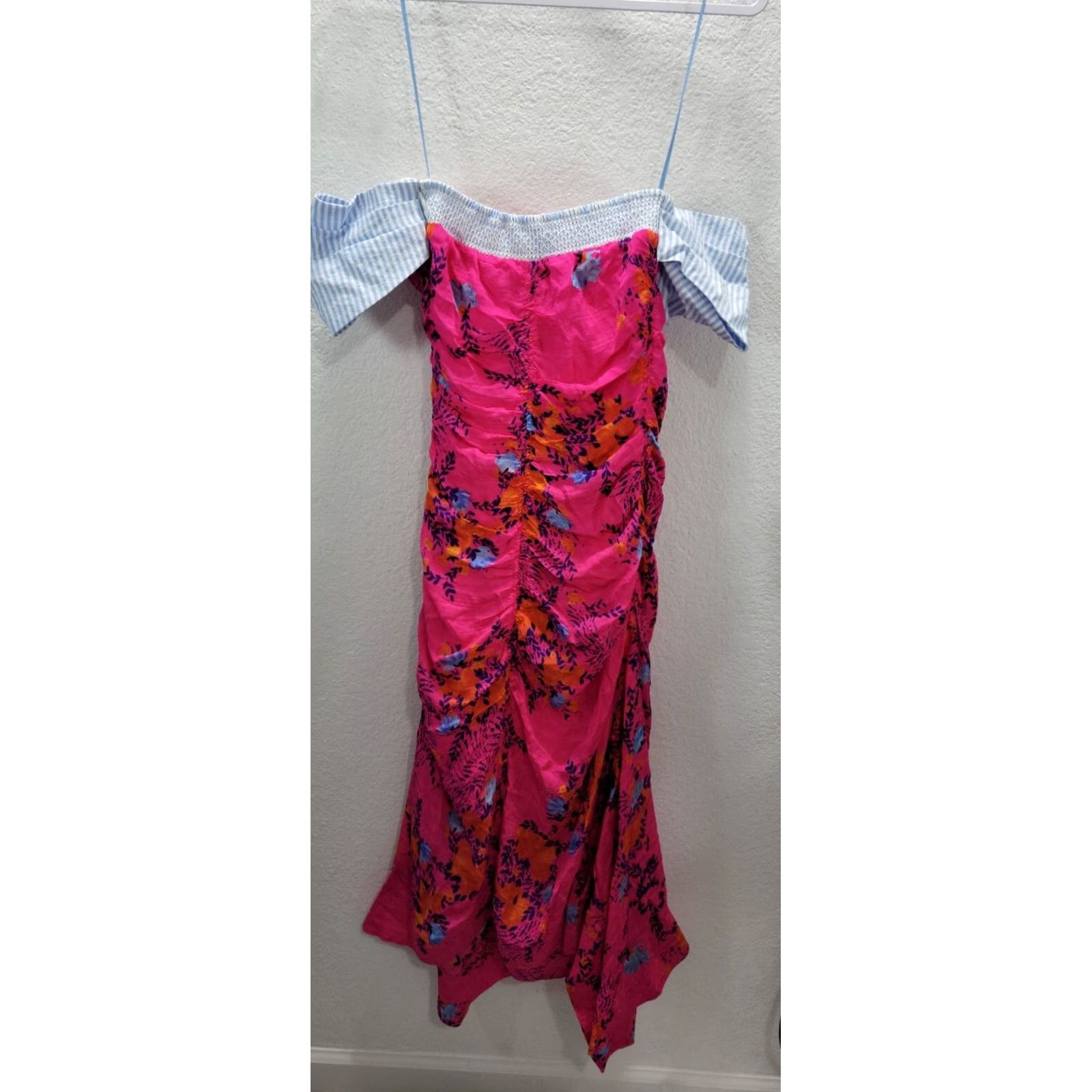 Tanya Taylor Tanya Taylor Pink Floral Virginia Ruched Silk Off the Shoulder Dress NWT Size 2 Size XS / US 0-2 / IT 36-38 - 4 Thumbnail