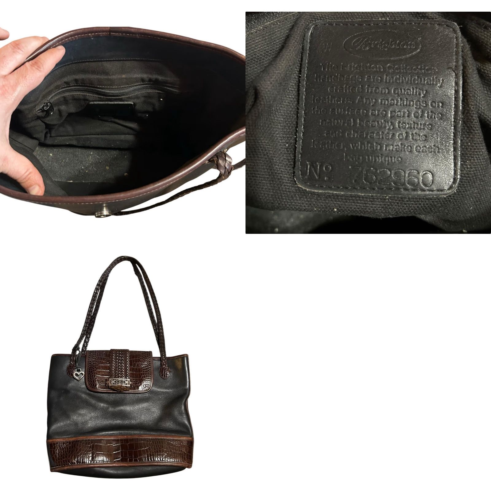 Brighton VINTAGE Brighton Queen of Love Croc Leather Shoulder Bag Tote Purse Black Brown Women’s Bag Charm Silver Hardware 12in 12in Size ONE SIZE - 11 Thumbnail
