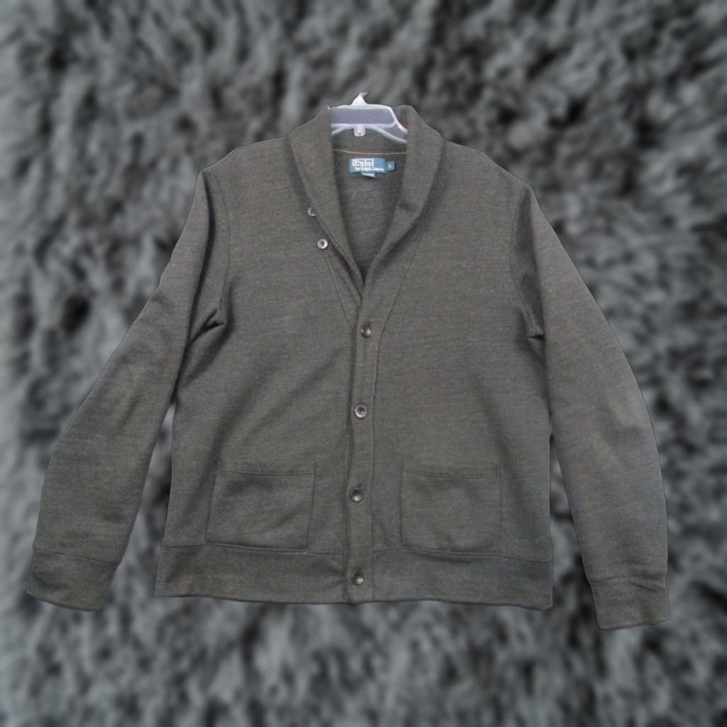 Polo Ralph Lauren Large Heather Gray Shawl Collar Fisherman Cardigan Sweater RRL