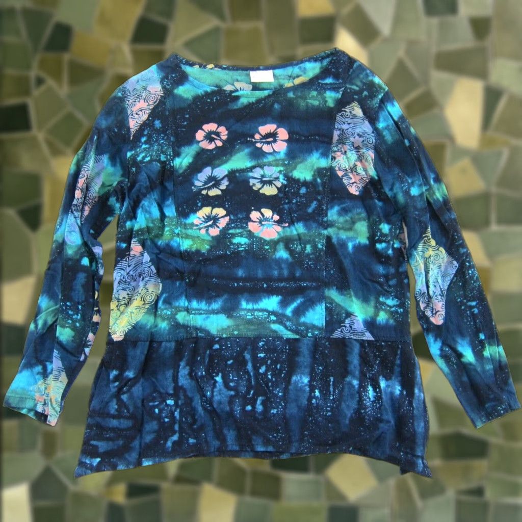 Vintage Vtg Global Village Blouse Long Sleeve Tie Dye Rayon Green M Women Size M / US 6-8 / IT 42-44 - 1 Thumbnail