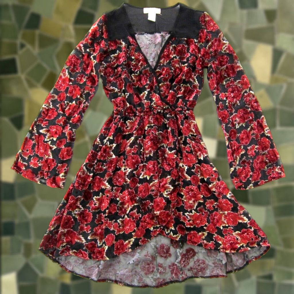 Velvet Band Of Gypsies Red Floral Velvet Long Sleeve V-Neck Wrap Dress M Women's dress Size M / US 6-8 / IT 42-44 - 1 Thumbnail