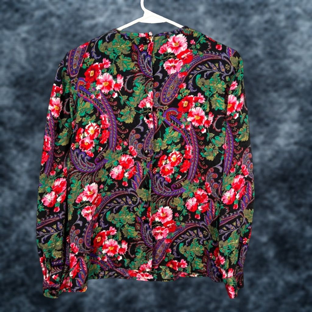 Vintage VINTAGE Richard Warren II Constance Saunders Floral & Paisley Blouse Womens S Black Long Sleeve Button Round Neck Shirt Dressy? Size S / US 4 / IT 40 - 1 Thumbnail