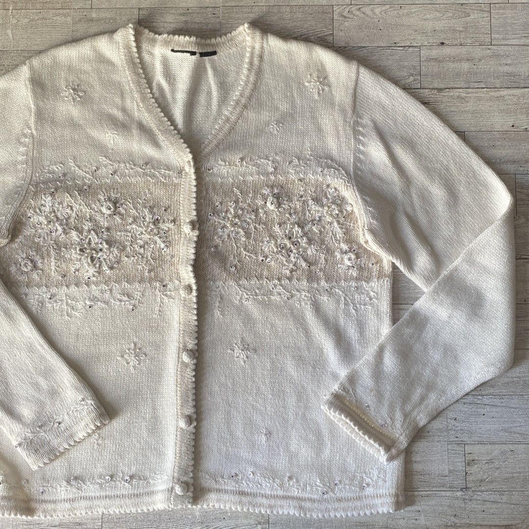 Vintage, Beige, Snowflake Embroidered, Button Down Sweater