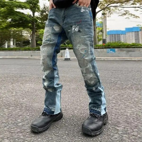 VIBE High Street Retro Ink Splash Patchwork Ripped Jeans Size US 32 / EU 48 - 1 Thumbnail