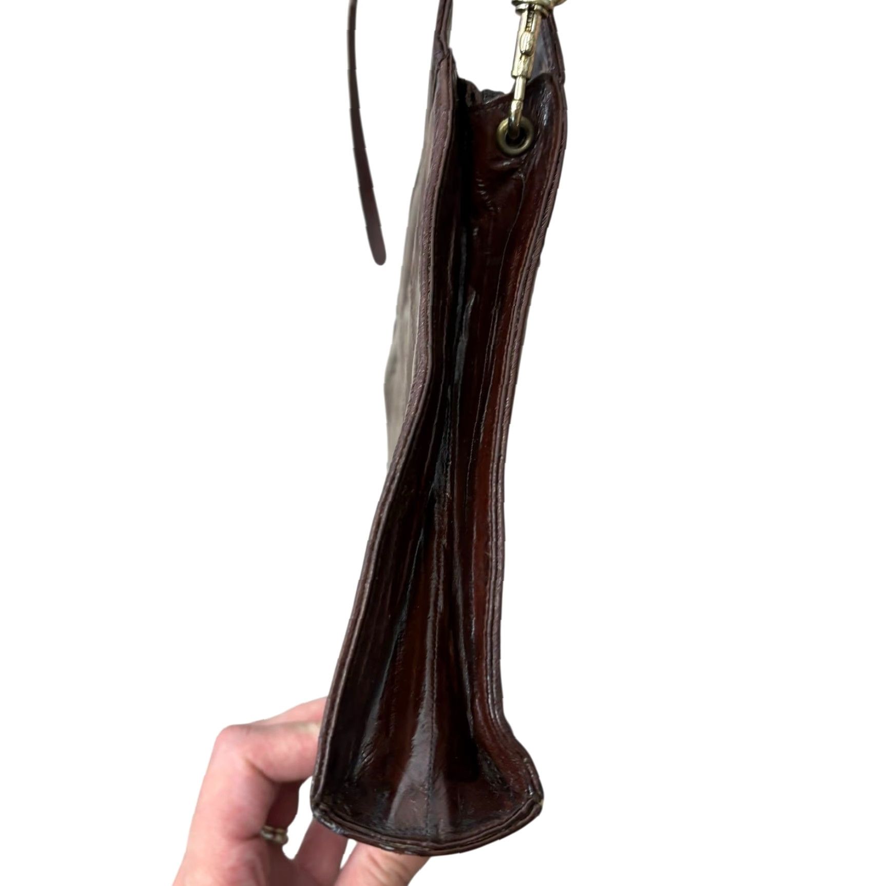 Skin VINTAGE 90s Dark Brown Eel Skin Exotic Leather Crossbody Bag Purse Small Women Crossbody Size ONE SIZE - 5 Thumbnail