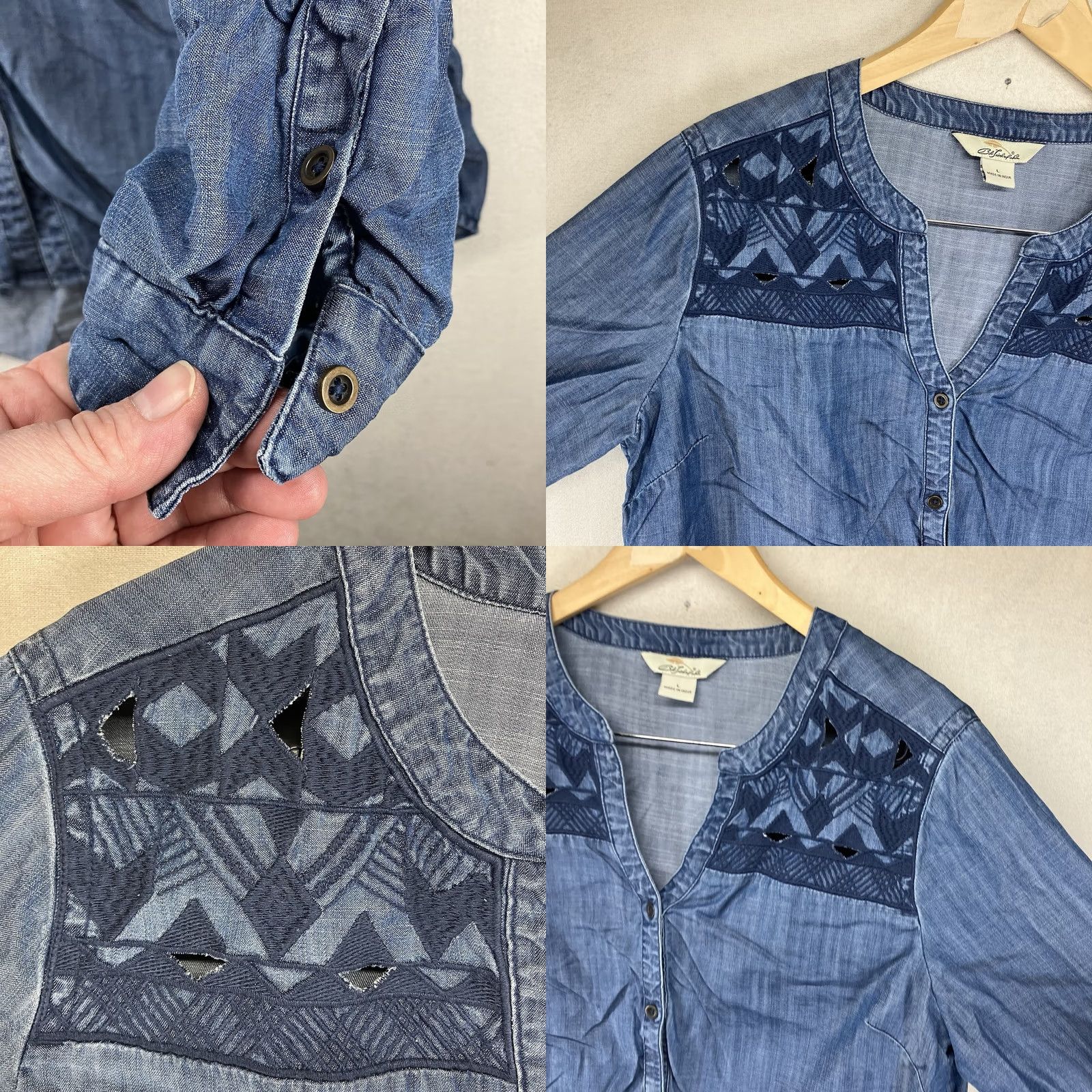 Denime VINTAGE Bob Timberlake Women's All Lyocell Tunic Blouse Denim Boho Embroidered Metal Buttons Roll Tab Sleeve V-Neck Casual 90s Womens L Blue Size L / US 10 / IT 46 - 8 Thumbnail