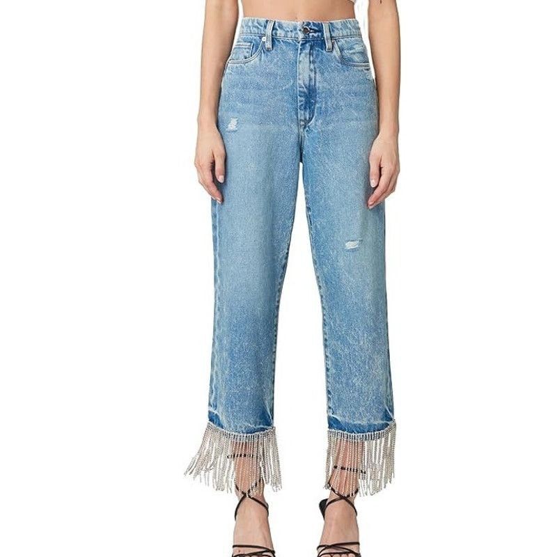 BLANKNYC BLANK NYC Baxter Rhinestone Fringed Ankle Straight Leg Jeans Size 24" / US 00 / IT 34 - 3 Thumbnail