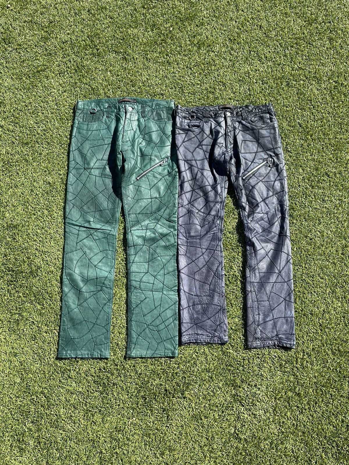 Image of Aw03 “Paperdoll” - Undercover Geometric Leather Stitch Denim in Green, Men's (Size 30)