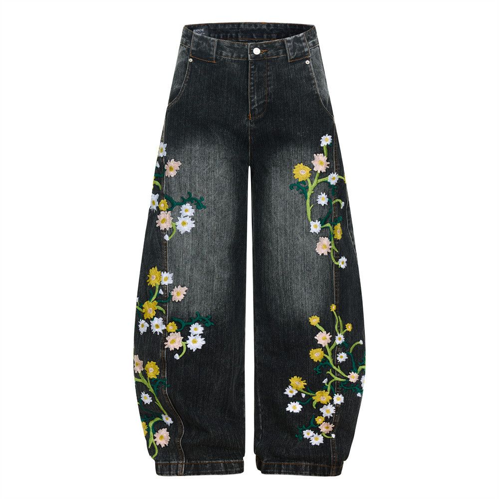 Jean Washed gradient men's floral embroidered curved blade jeans Size US 32 / EU 48 - 1 Thumbnail