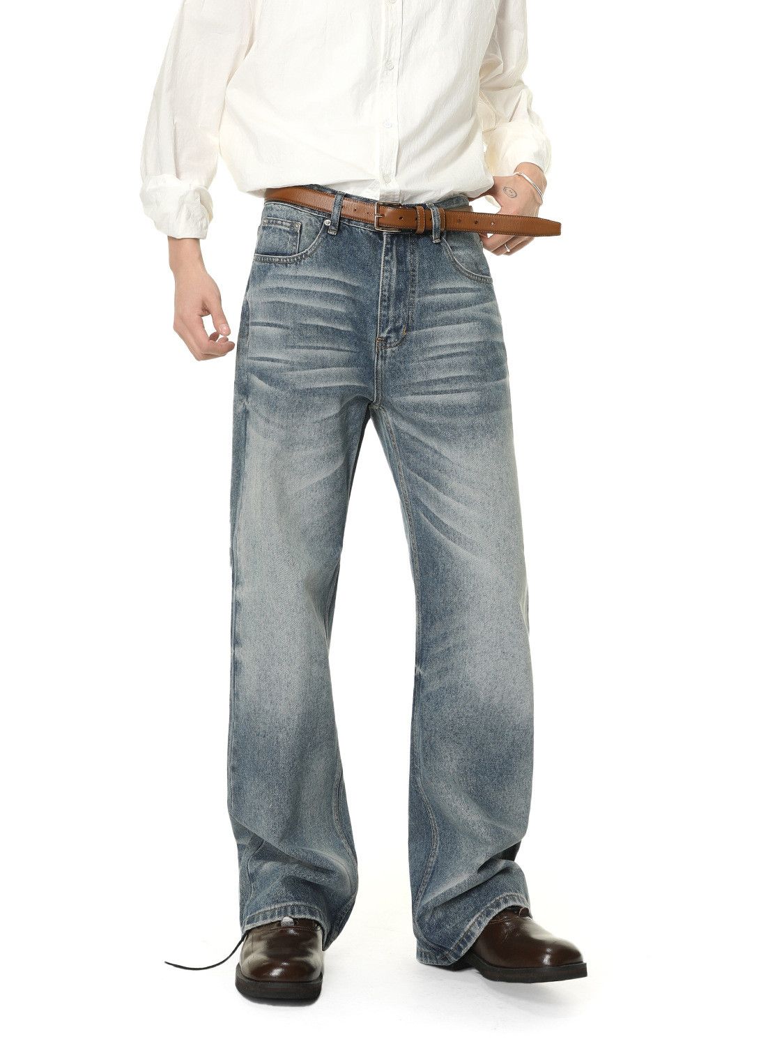 Japanese Brand Men's street washed retro distressed wide-leg straight jeans Size US 32 / EU 48 - 2 Thumbnail