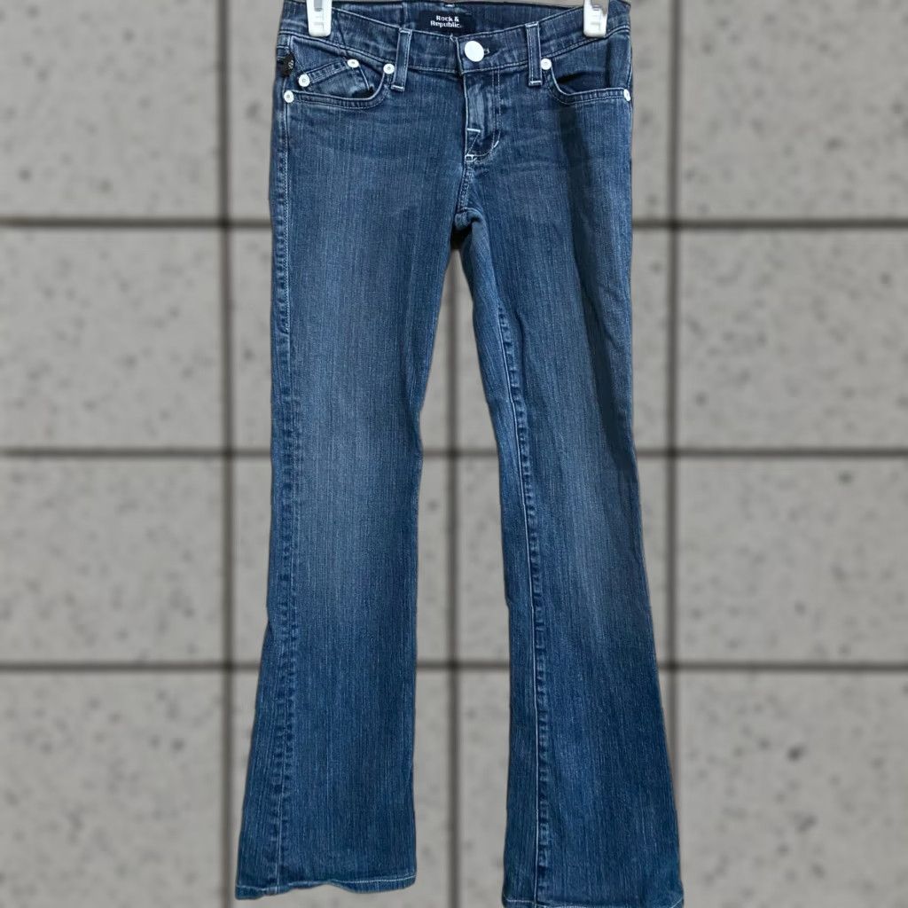 Vintage VINTAGE Rock & Republic Women's Bootcut Jeans Size 24 Blue Rhinestone Solid Low Rise 6.5-8.5 Zip Regular Cap City? Size 42" / US 20 - 1 Thumbnail