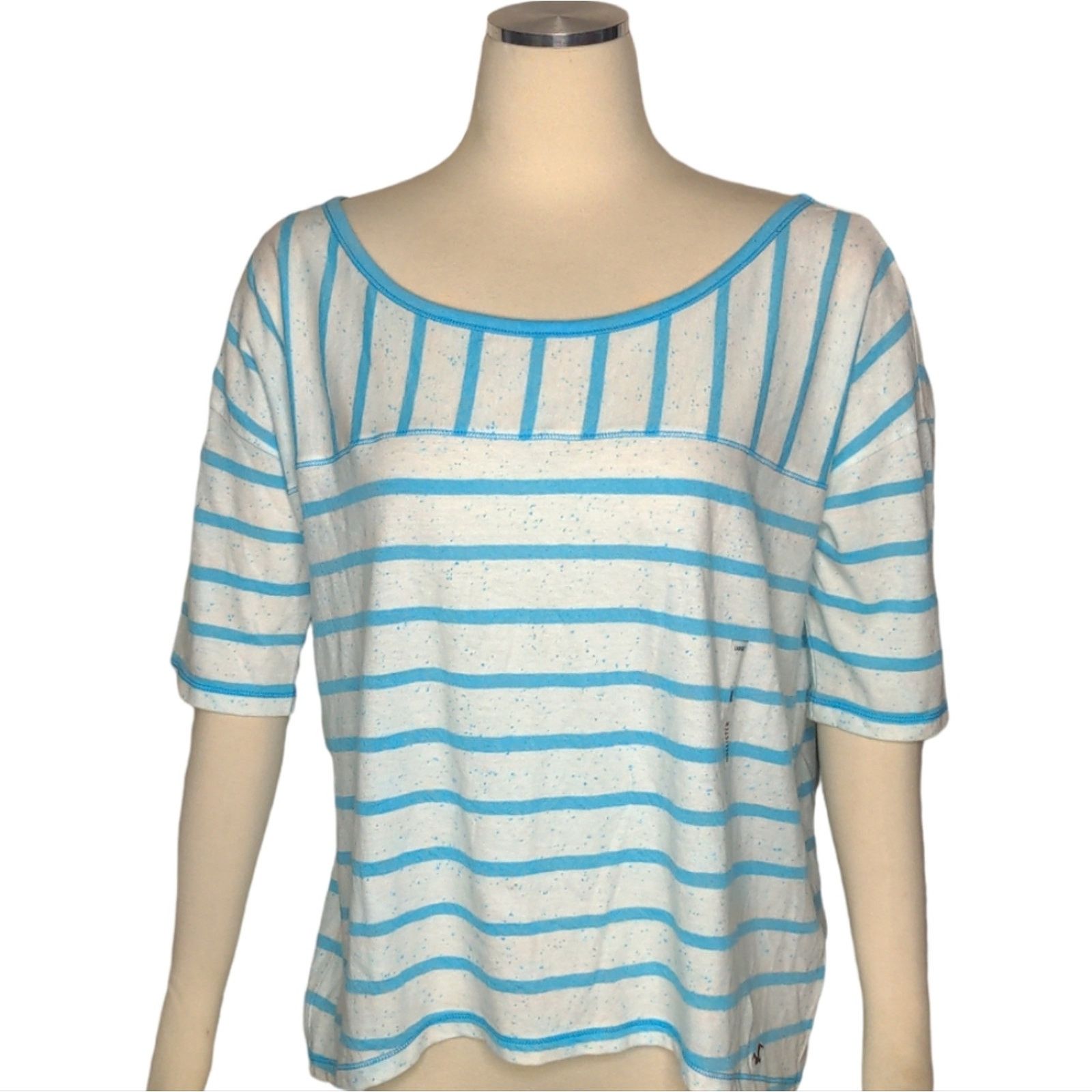 Hollister HOLLISTER White Teal Burnout Striped Tee Large NEW Size L / US 10 / IT 46 - 1 Thumbnail