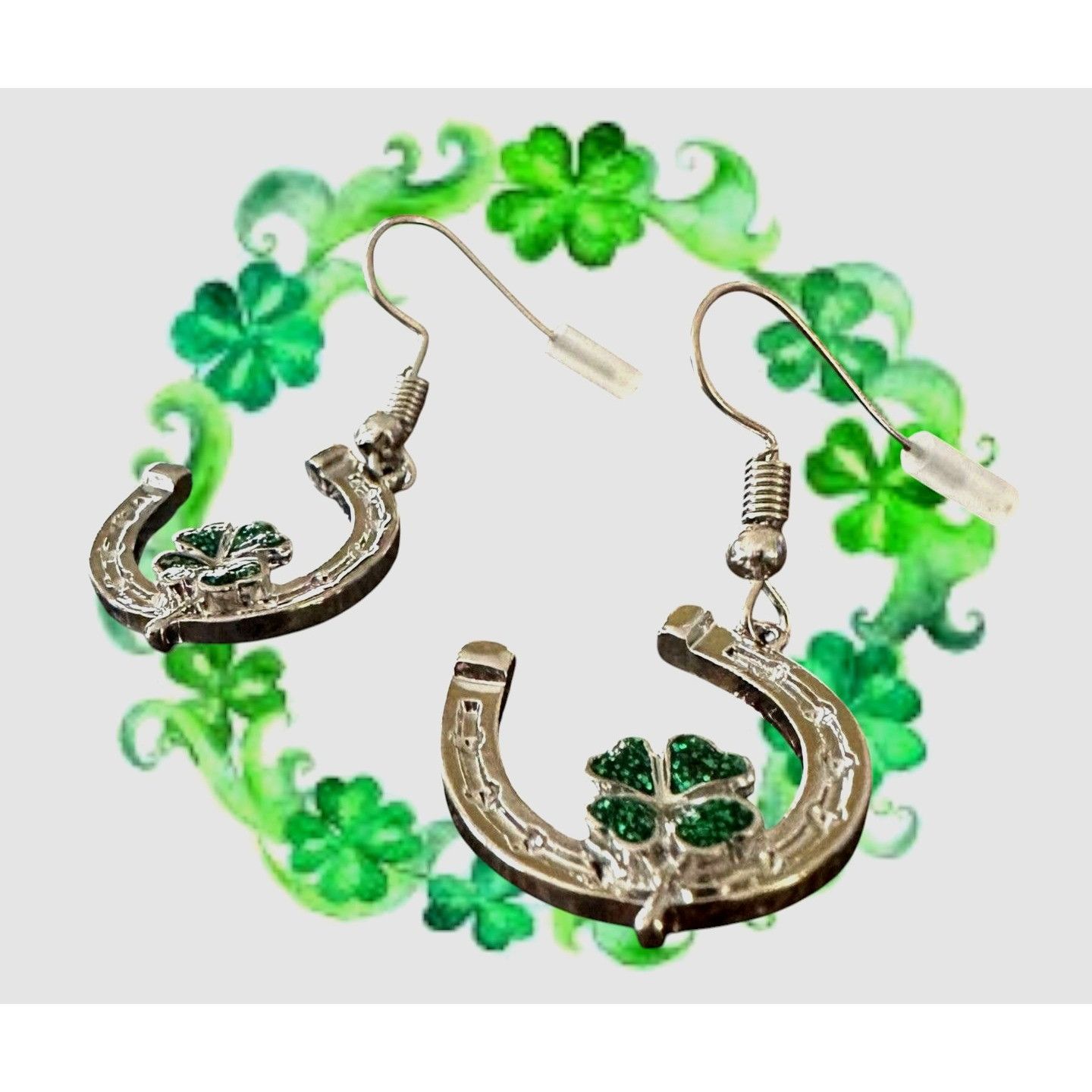 Handmade Horseshoe Clover Earrings St Patricks Day Lucky Irish Dangle Size ONE SIZE - 4 Thumbnail