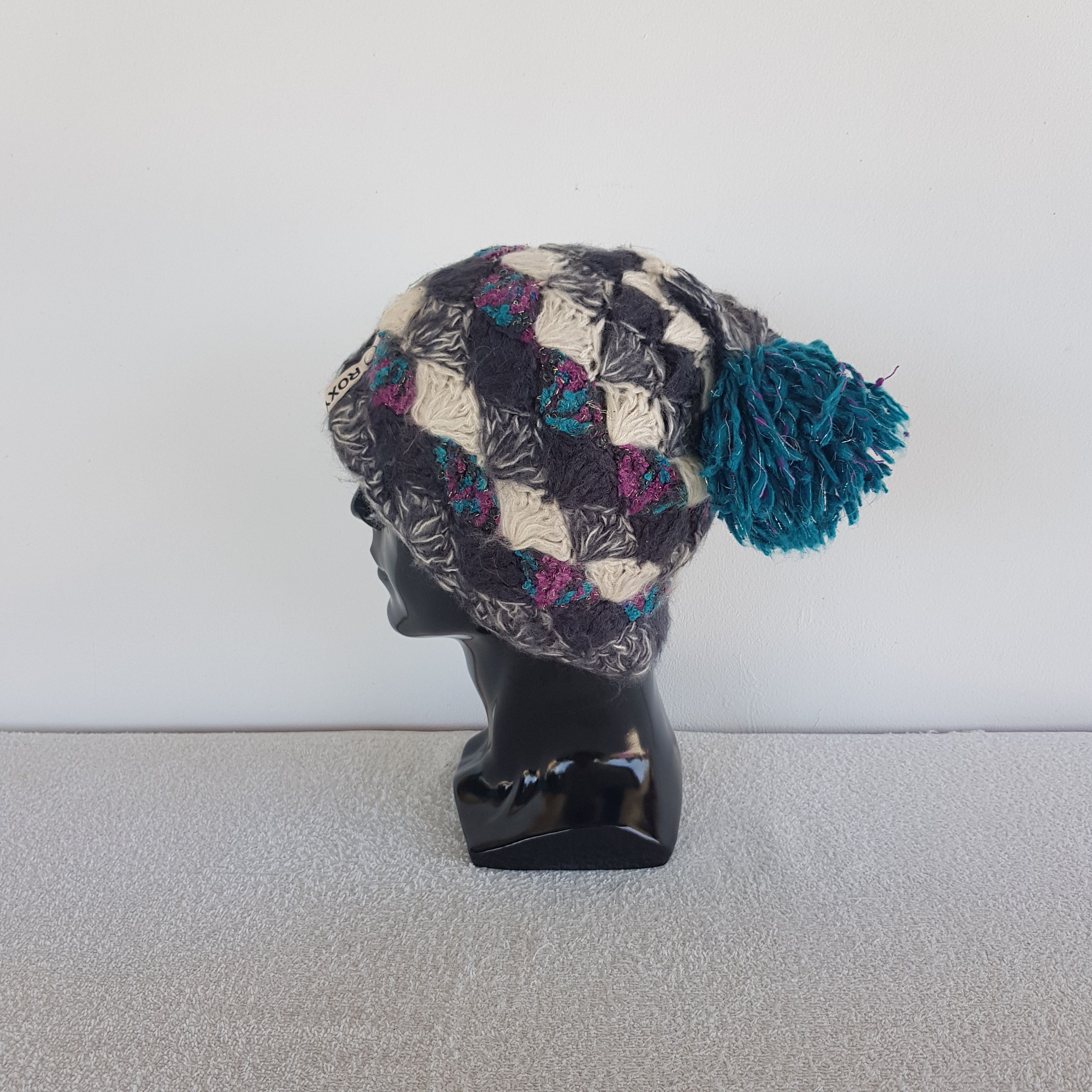 Homespun Knitwear Vintage Roxy Beanie Boho Patchwork Pom Pom Snow Caps Hats. Size ONE SIZE - 4 Thumbnail