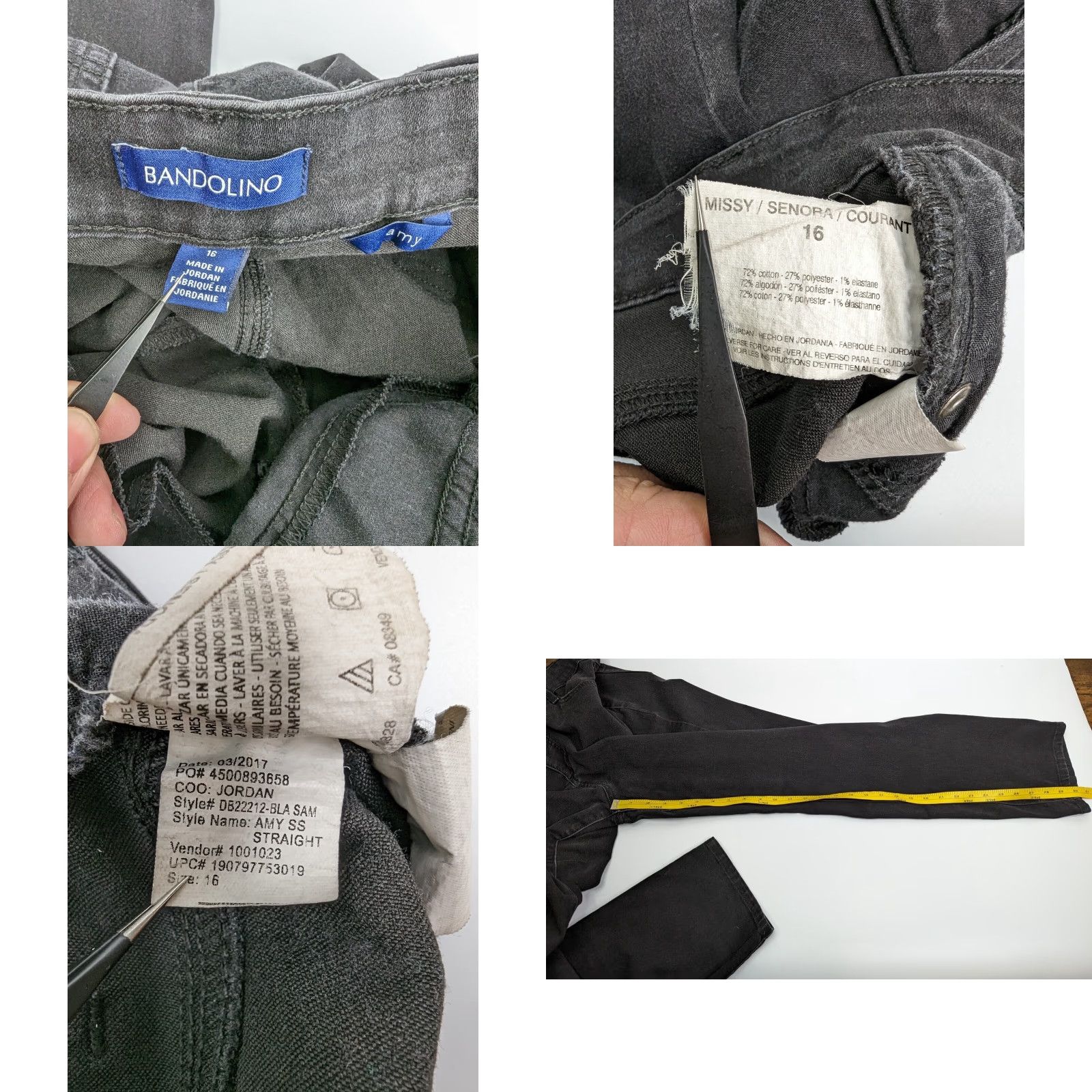 Vintage Bandolino Jeans Women's 16 Black Rinse High Rise 5-Pocket Denim Tapered Modern Fit Womens Size 38" / US 16 / IT 52 - 8 Thumbnail