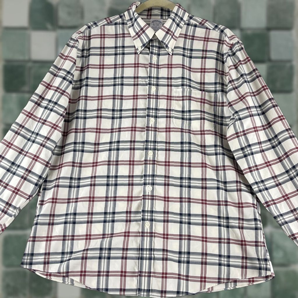 Brooks Brothers Brooks Brothers 1818 Ivory Plaid Button-Down Dress Shirt Mens Large Regent Fit Size 42R - 1 Thumbnail