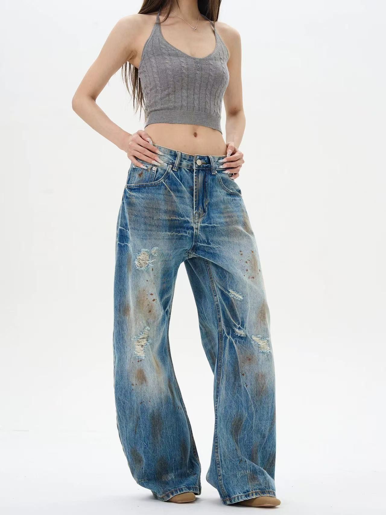 Vintage Men's vintage washed distressed scimitar dirty ripped jeans Size US 32 / EU 48 - 3 Thumbnail
