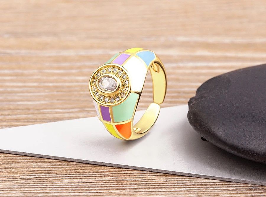 Jewelry Charming Zircon Grid Stripe Oil Dripping Rings Size ONE SIZE - 3 Thumbnail