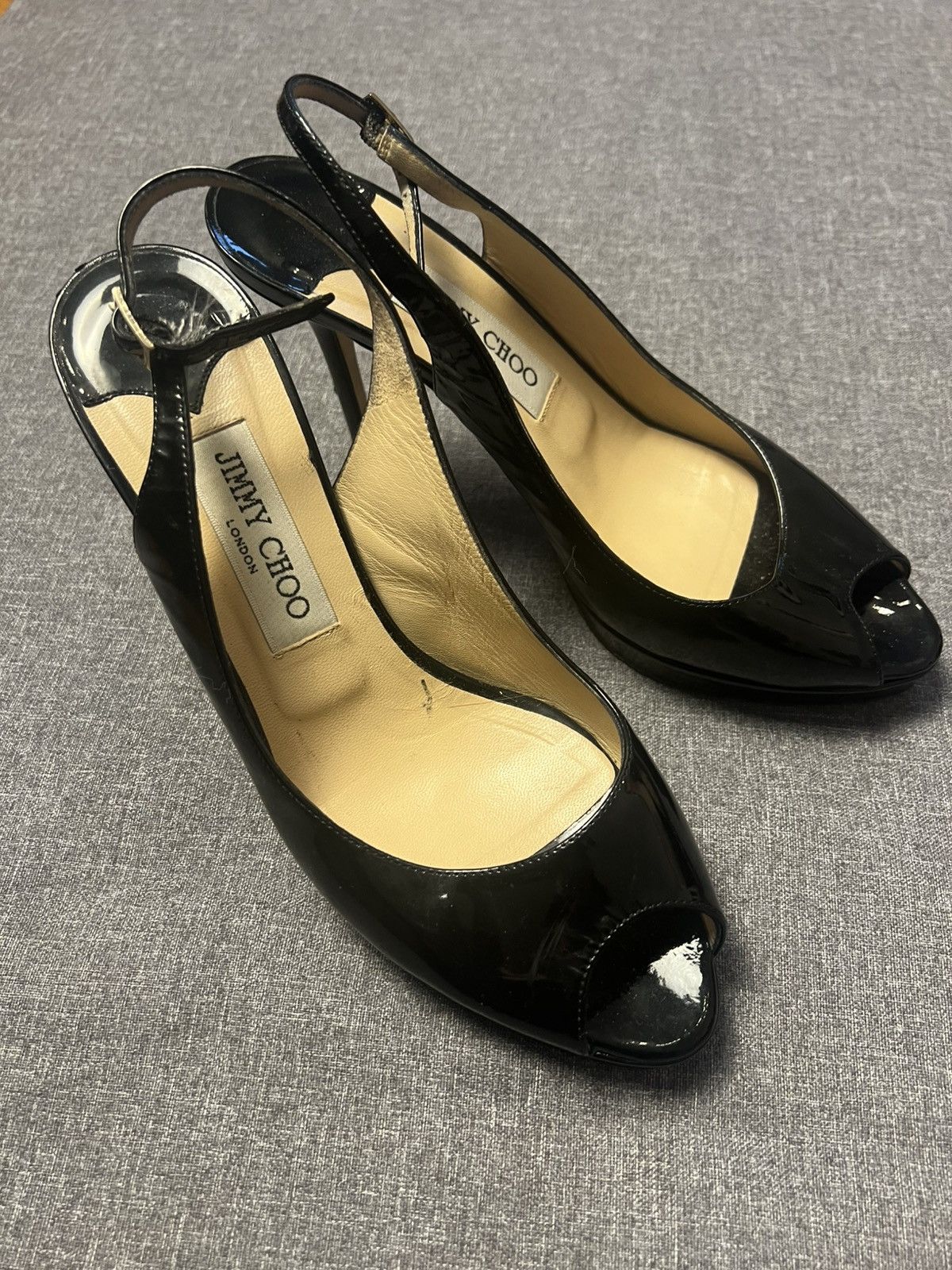 Jimmy Choo Jimmy Choo Black Patent Leather Slingback Heels Peep Toe Size US 8.5 / IT 38.5 - 2 Thumbnail