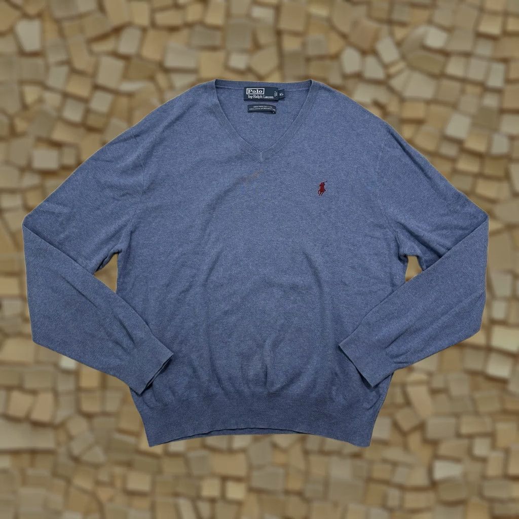 Ralph Lauren VINTAGE Ralph Lauren Polo Mens XL V-Neck Sweater Blue Pima Cotton Knit Red Pony Size US XL / EU 56 / 4 - 1 Thumbnail
