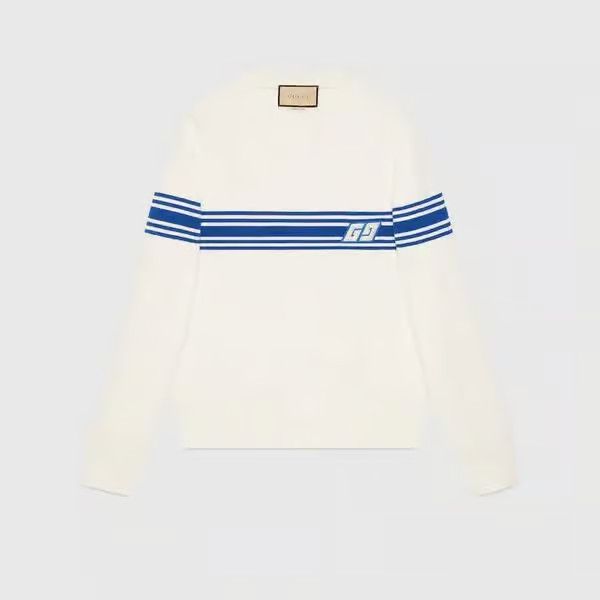 Gucci o1s1wg110225 Knit Wool Sweater With Square GG Ivory & Blue Size US M / EU 48-50 / 2 - 1 Thumbnail