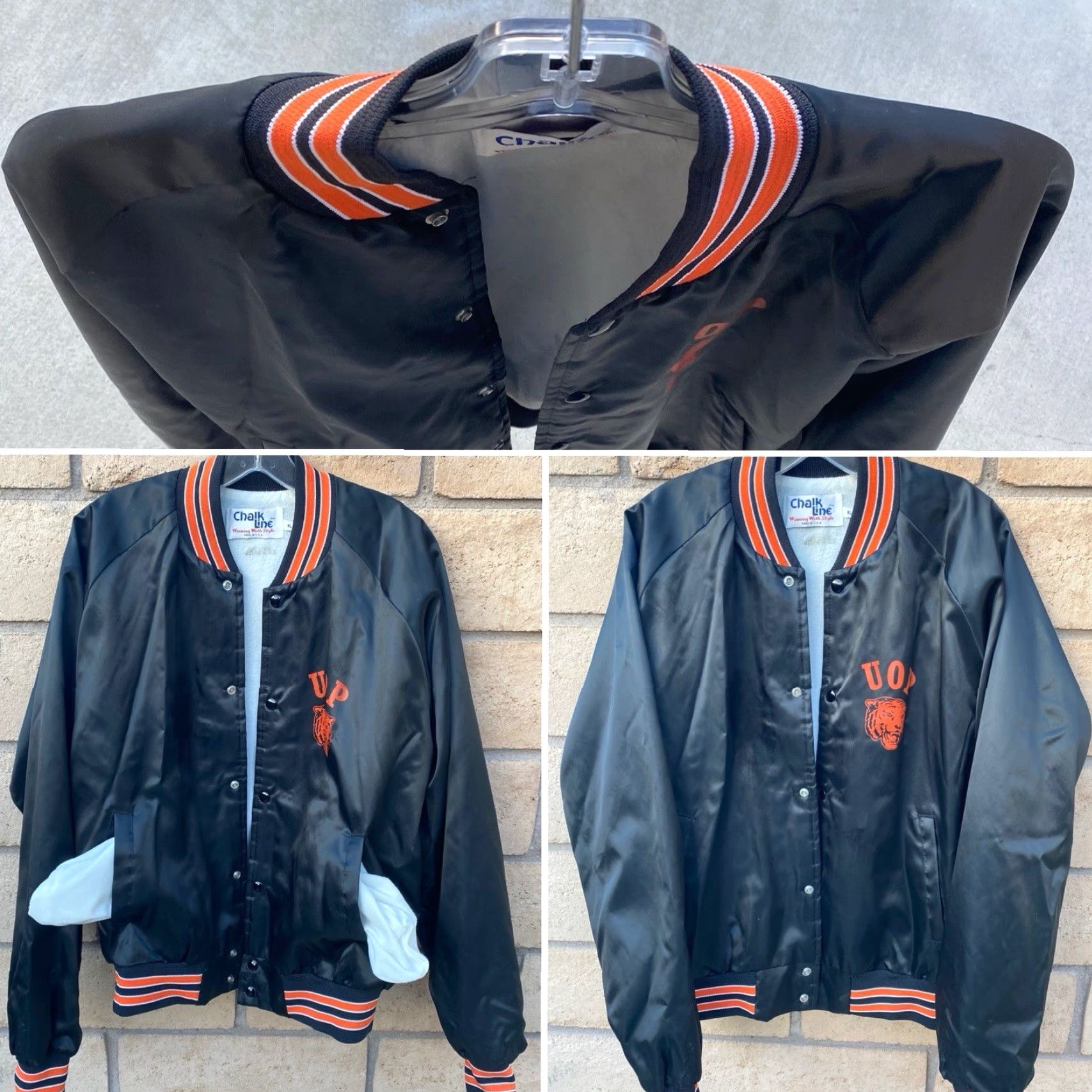 Chalk Line VINTAGE Chalkline UOP Tigers Satin Bomber Jacket Raglan Snap Front USA Made XL Jacket Men Black Satin Nylon Logo Lined USA USA University Cats 90s? Size US XL / EU 56 / 4 - 6 Thumbnail