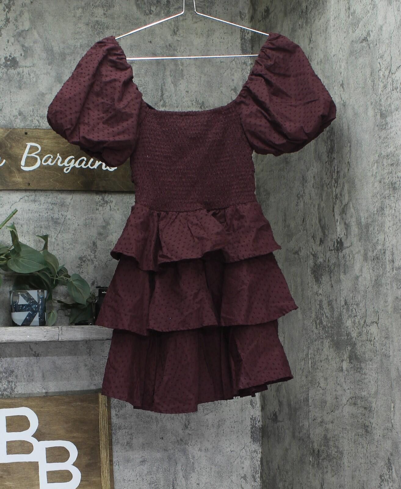 Other Crystal Doll Puffed Sleeve Fit Flare Dress Merlot Red 2xs Size XXS / US 00 / IT 34 - 2 Thumbnail