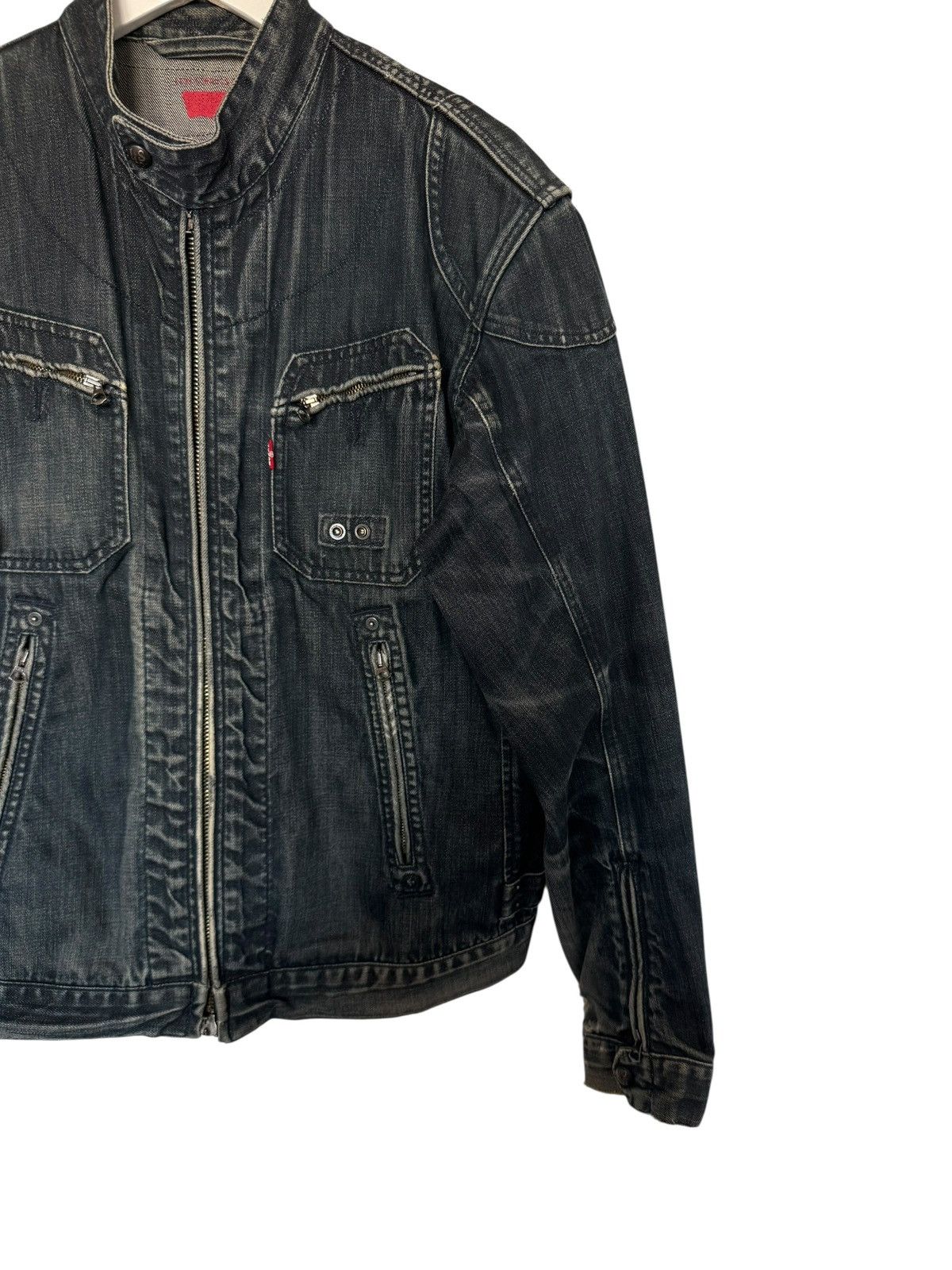 Levi's Levi’s Navy Washed Distressed Double Zip Biker Denim Jacket Size US XL / EU 56 / 4 - 4 Thumbnail