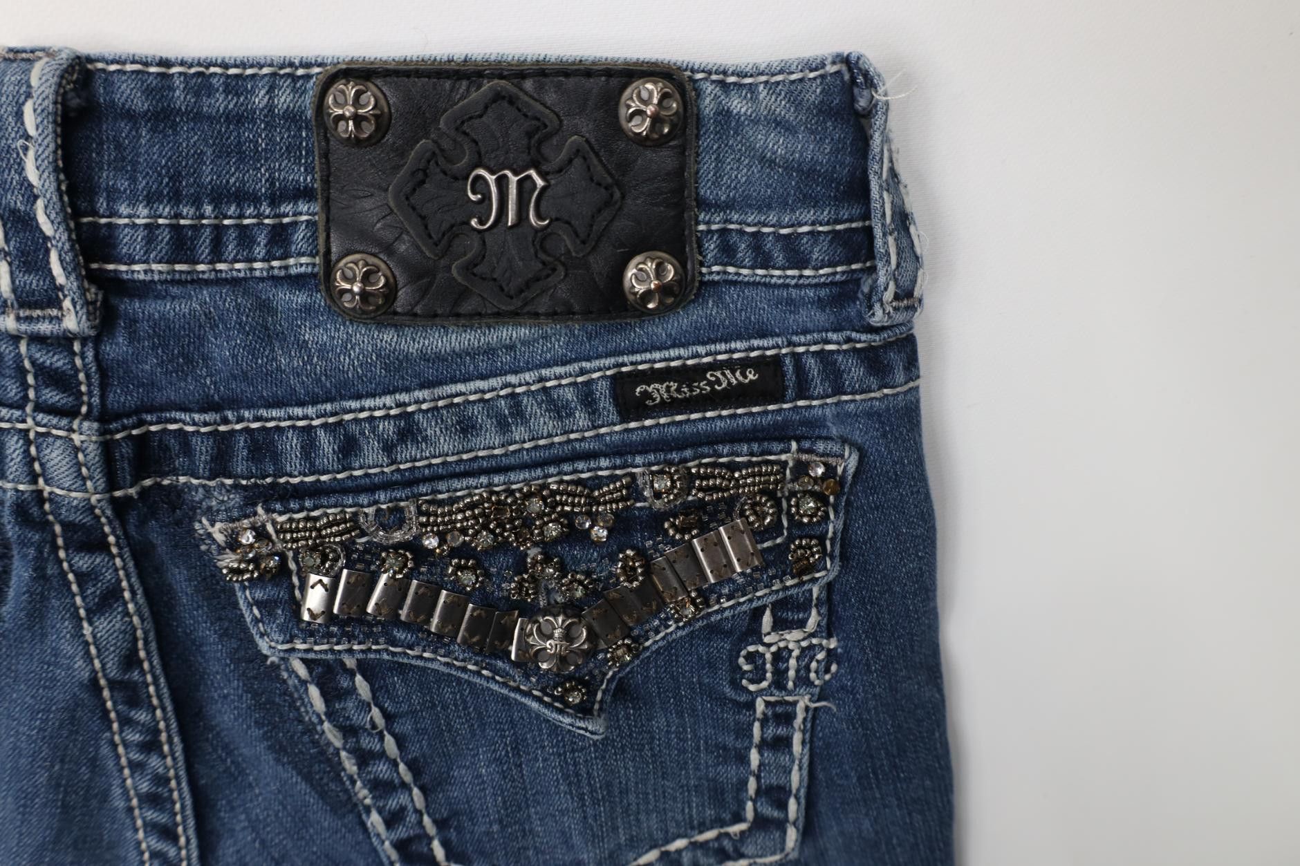 Miss Me Miss Me Rhinestone Beaded Thick Stitch Boot Denim Jeans Size 28" / US 6 / IT 42 - 16 Thumbnail