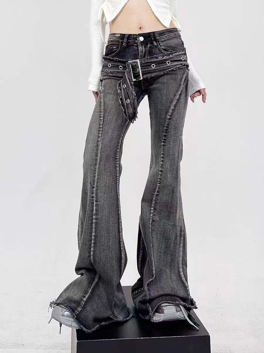 Black Micro Drag Micro Flare Belt Design Jeans