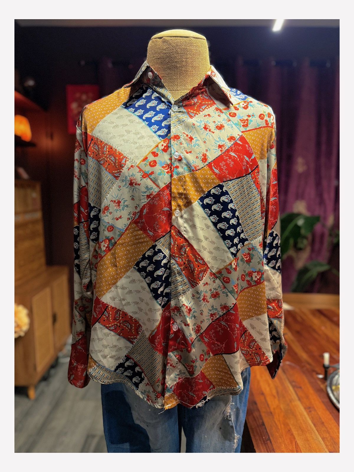 Other Unisex Vintage-Inspired Patchwork Silk Shirt – Bold Boho Size US M / EU 48-50 / 2 - 1 Thumbnail