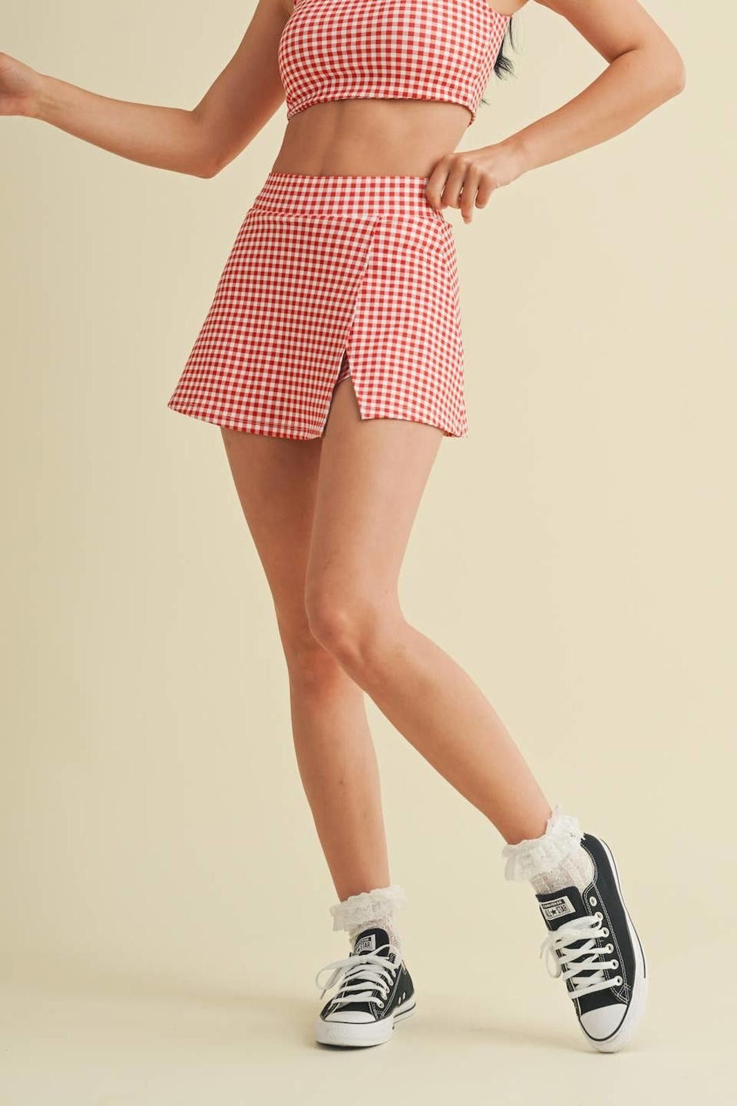 Christian Kimber Gingham Print Side Slit A-Line Skort with Pocket by Kimberly Size ONE SIZE - 2 Thumbnail