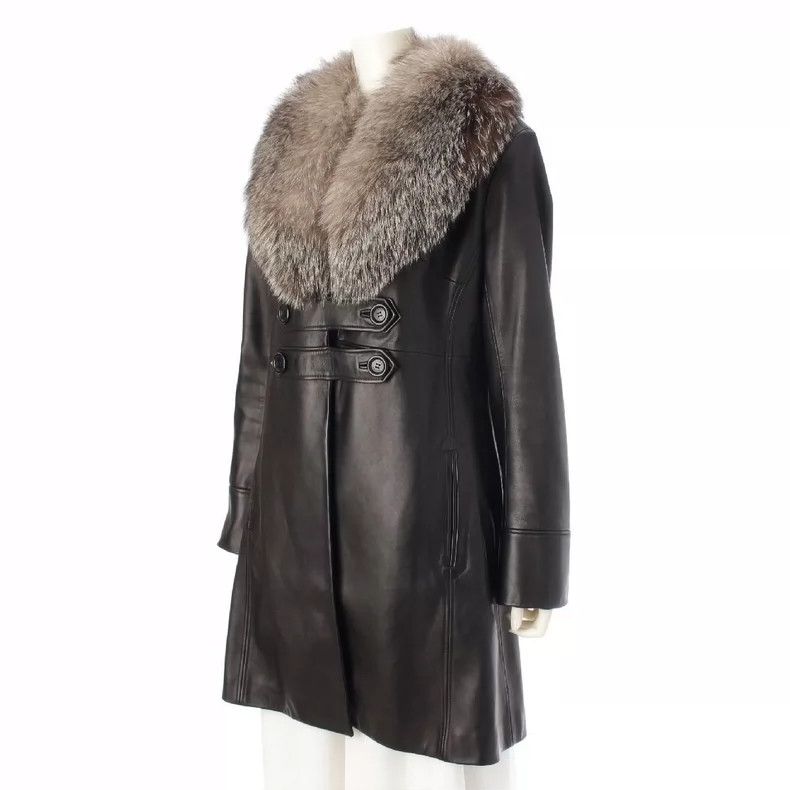 Loro Piana LORO PIANA Black sheepskin fur fox fur collar coat Size L / US 10 / IT 46 - 3 Thumbnail