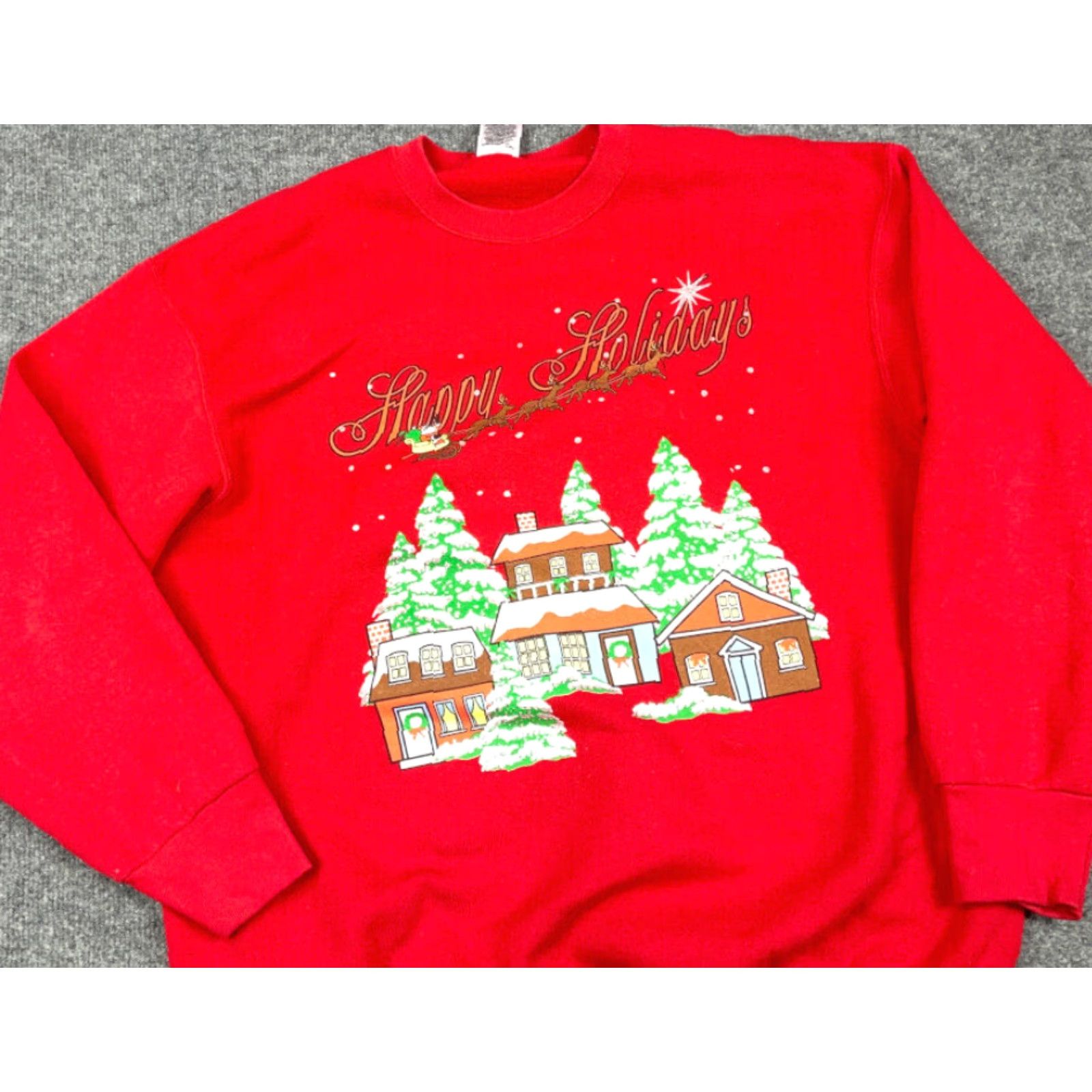 Fruit Of The Loom VINTAGE Fruit of the Loom Sweatshirt Adult XL Red 90s Christmas Happy Holidays Pullover Crew Neck Graphic Print Womens Size XL / US 12-14 / IT 48-50 - 3 Thumbnail
