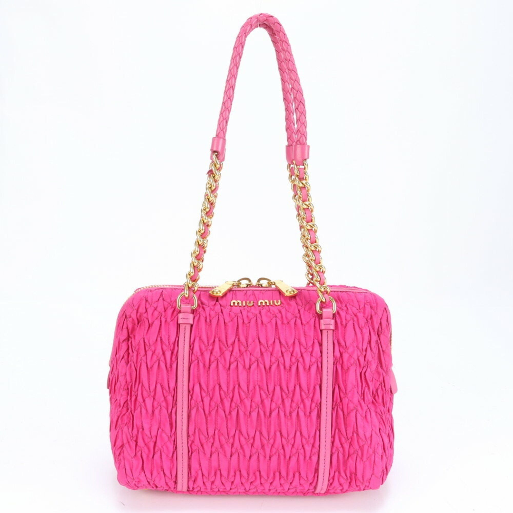 Miu Miu Miu Matelasse Stitch Leather Nylon Shoulder Bag Tote Hand Pink Women's