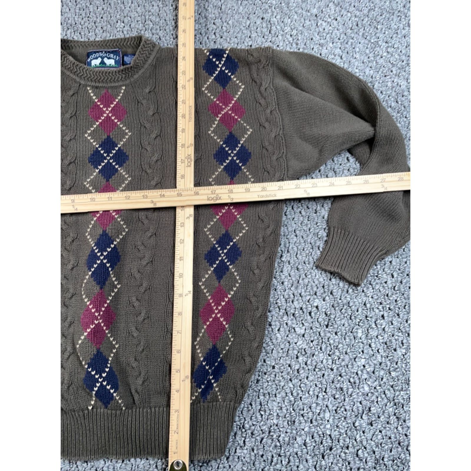 Olive VINTAGE Preppy Cable Knit Argyle Sweater Adult Medium Olive Green Cotton Mens Size US M / EU 48-50 / 2 - 4 Thumbnail