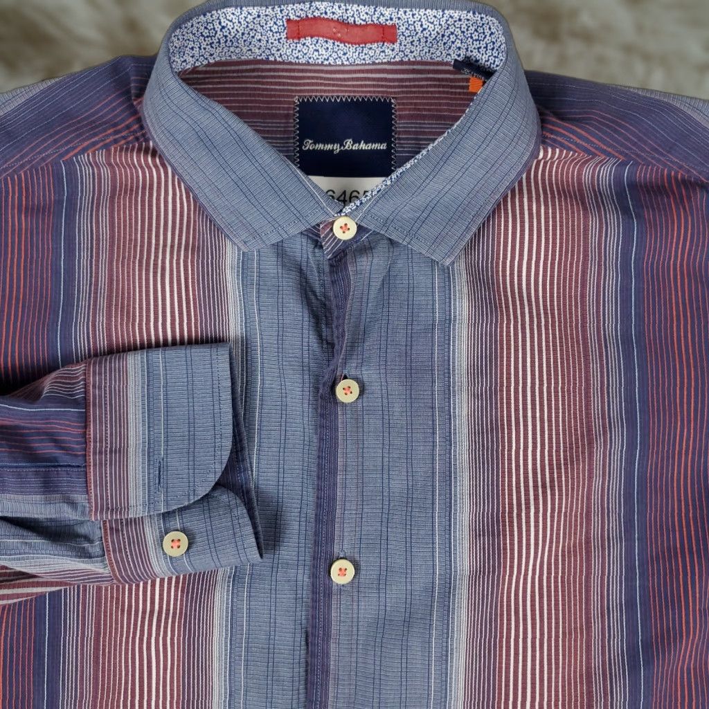Tommy Bahama Tommy Bahama Shirt Mens Large Purple Blue Striped Cotton Button Up Long Sleeve Size US L / EU 52-54 / 3 - 1 Thumbnail