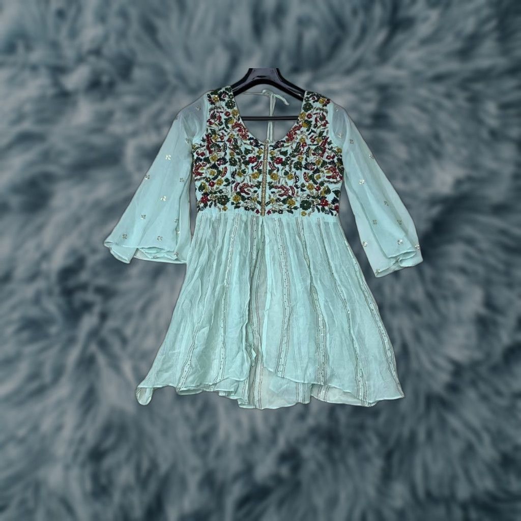 Vintage Shivali Dress Shivali Blue Ruffle Tiered Peasant Mini Dress Long Sleeve XL Square Neck Mini Womens Size XL / US 12-14 / IT 48-50 - 1 Thumbnail