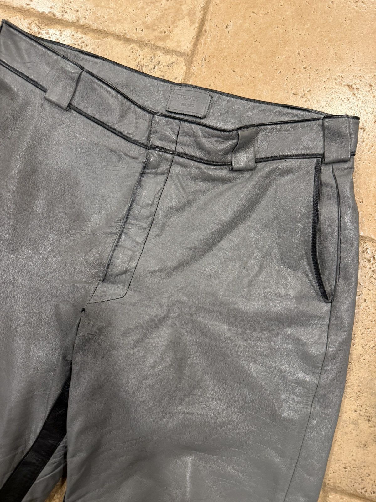 Prada Prada FW 2018 Gray Calfskin Leather Wide Side Stripe Pants Size US 33 - 9 Thumbnail