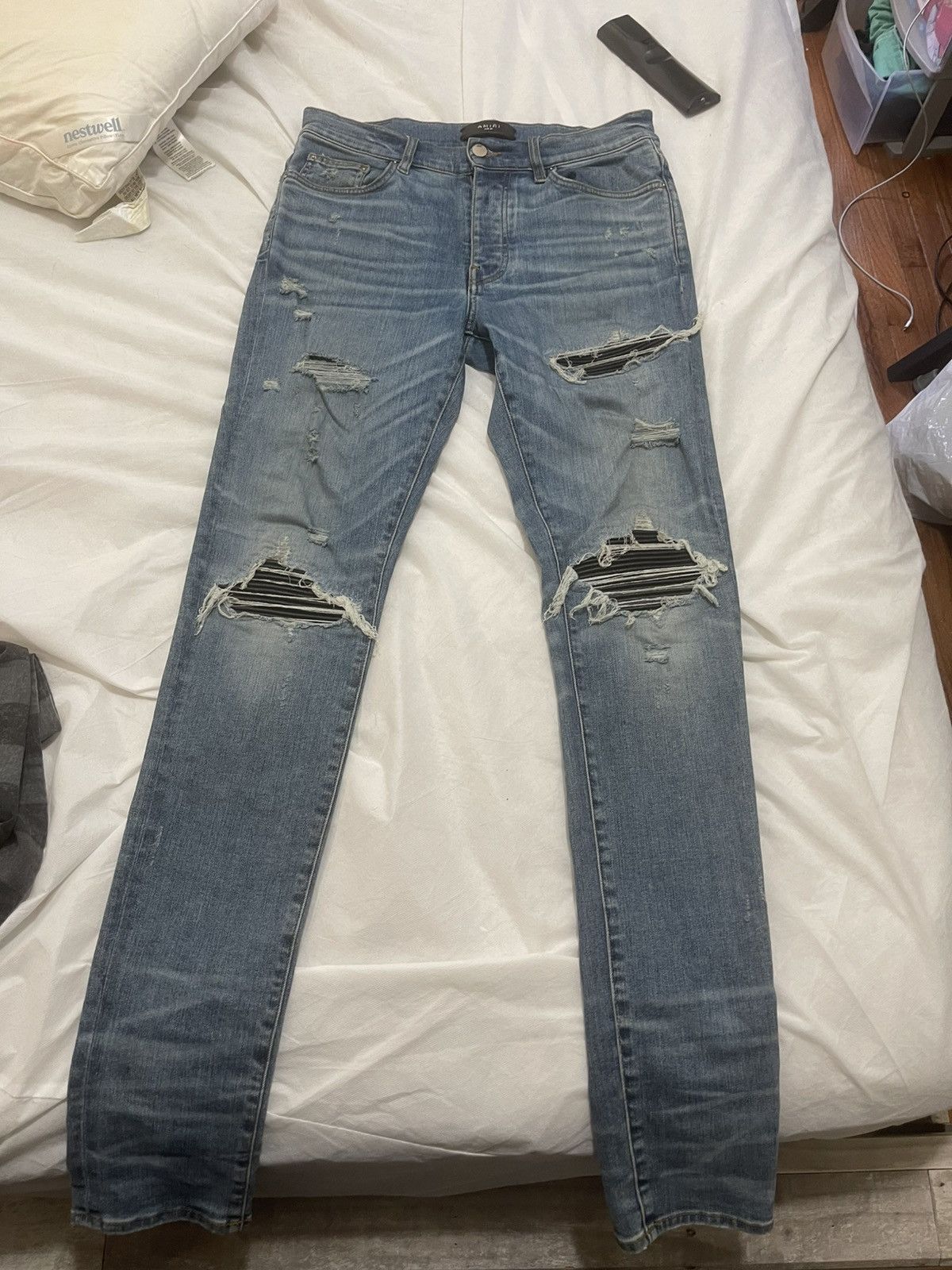 Amiri mx1 jeans w/ black bandana patches